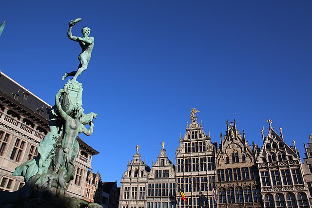 A statue of Silvius Brabo throwing Druon Antigoons hand from the european myth